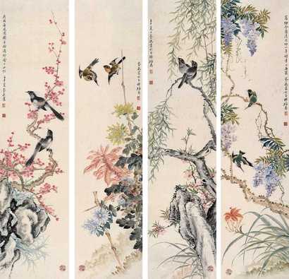 蔡铣 花鸟 四屏